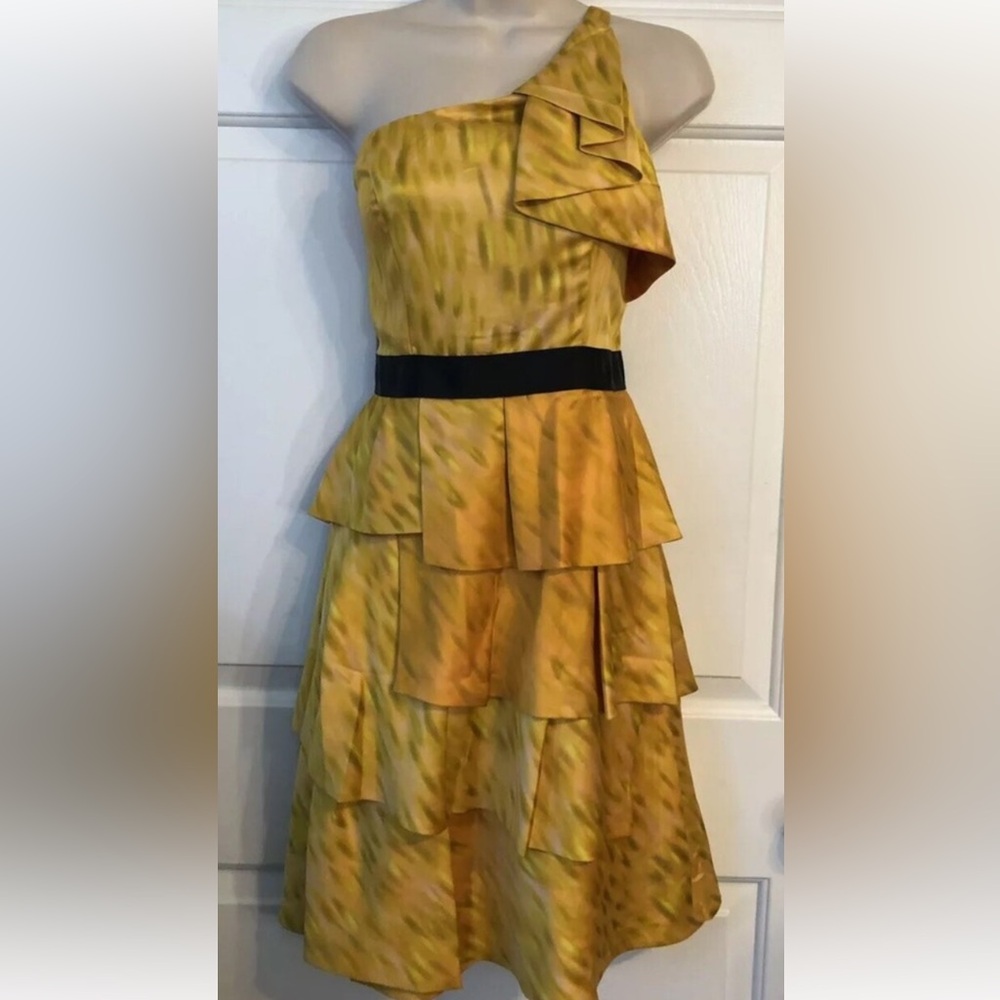The Limited One Shoulder Yellow Tiered Dress with Black Accent